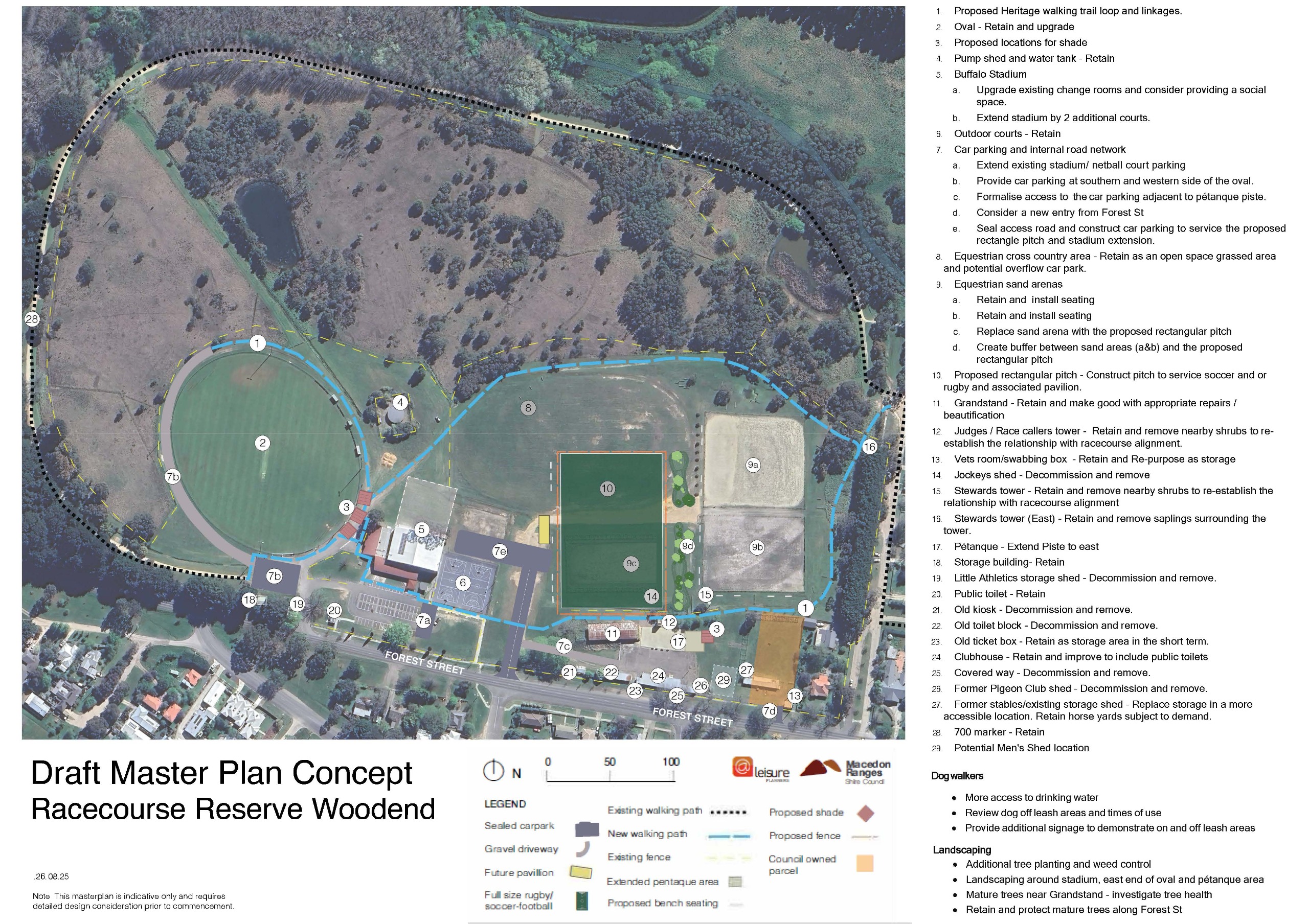 A Draft Concept Plan showing key features outlined in the Draft Woodend Racecourse Reserve Master Plan.