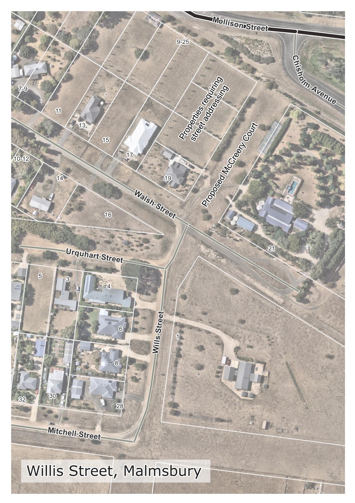 A screenshot of an aerial map with a red circle marking the section of road to be renamed.