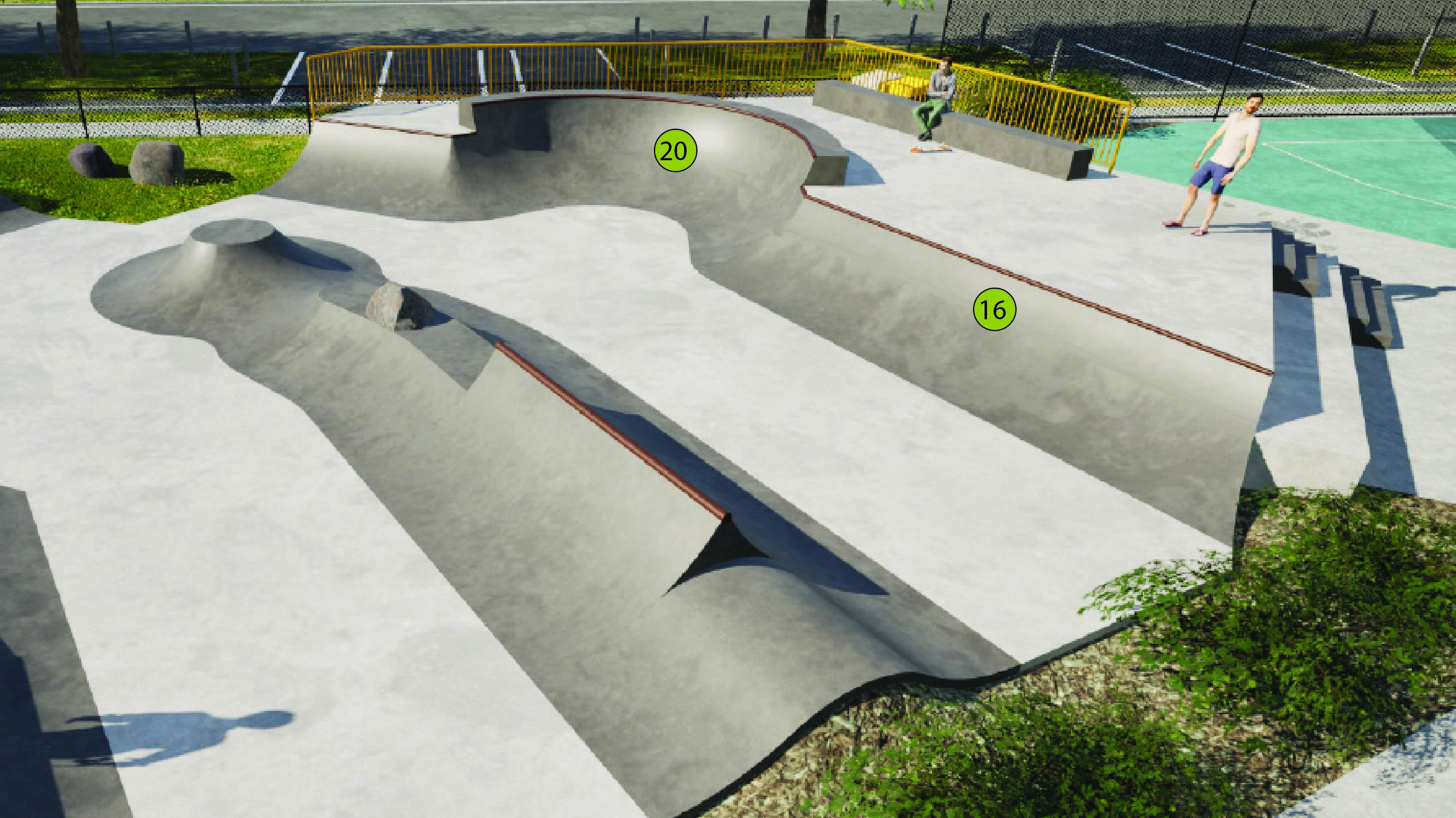Aerial view of mini ramp area: 16 and 20