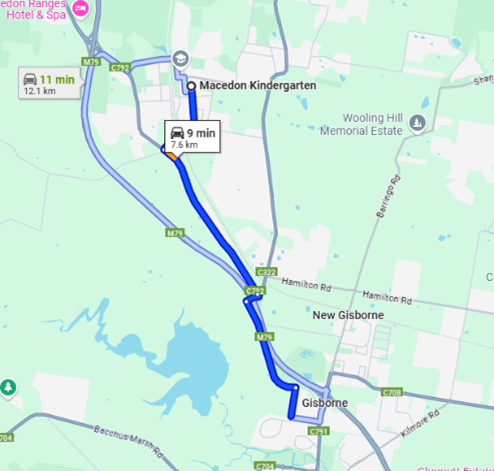 A Google Map of the estimated travel time between Macedon Kindergarten and the Swinburne Avenue Children's Centre in Gisborne.