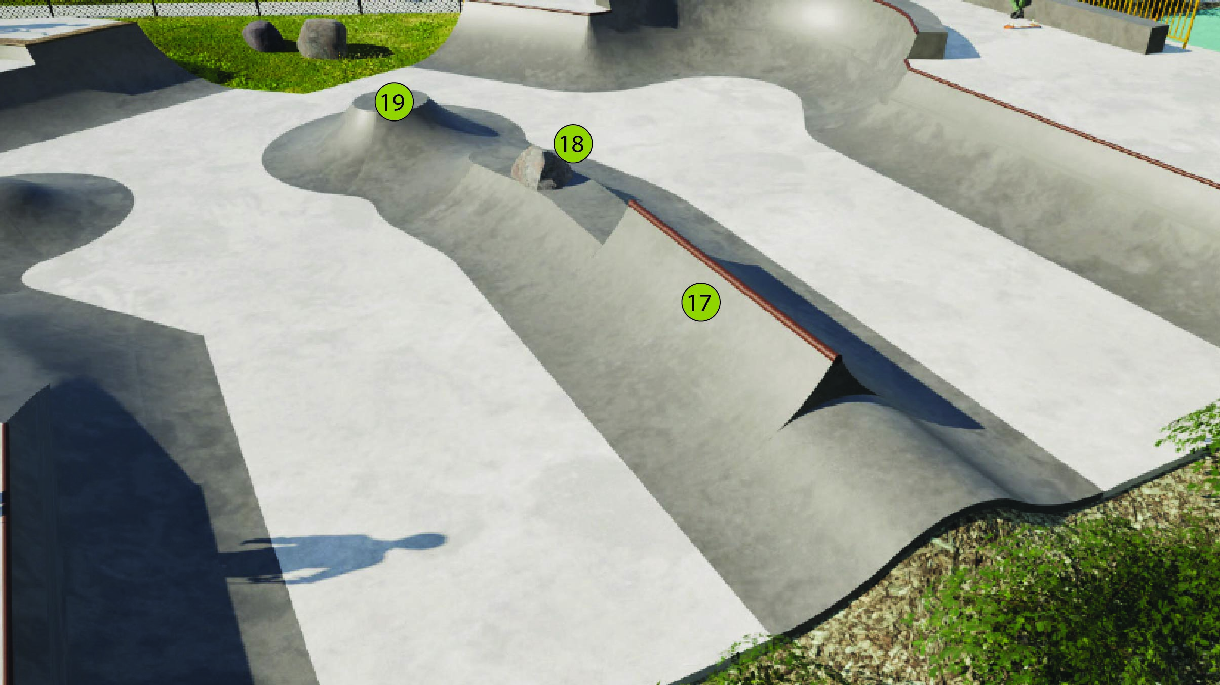 Aerial view of mini ramp area: 17, 18 and 19