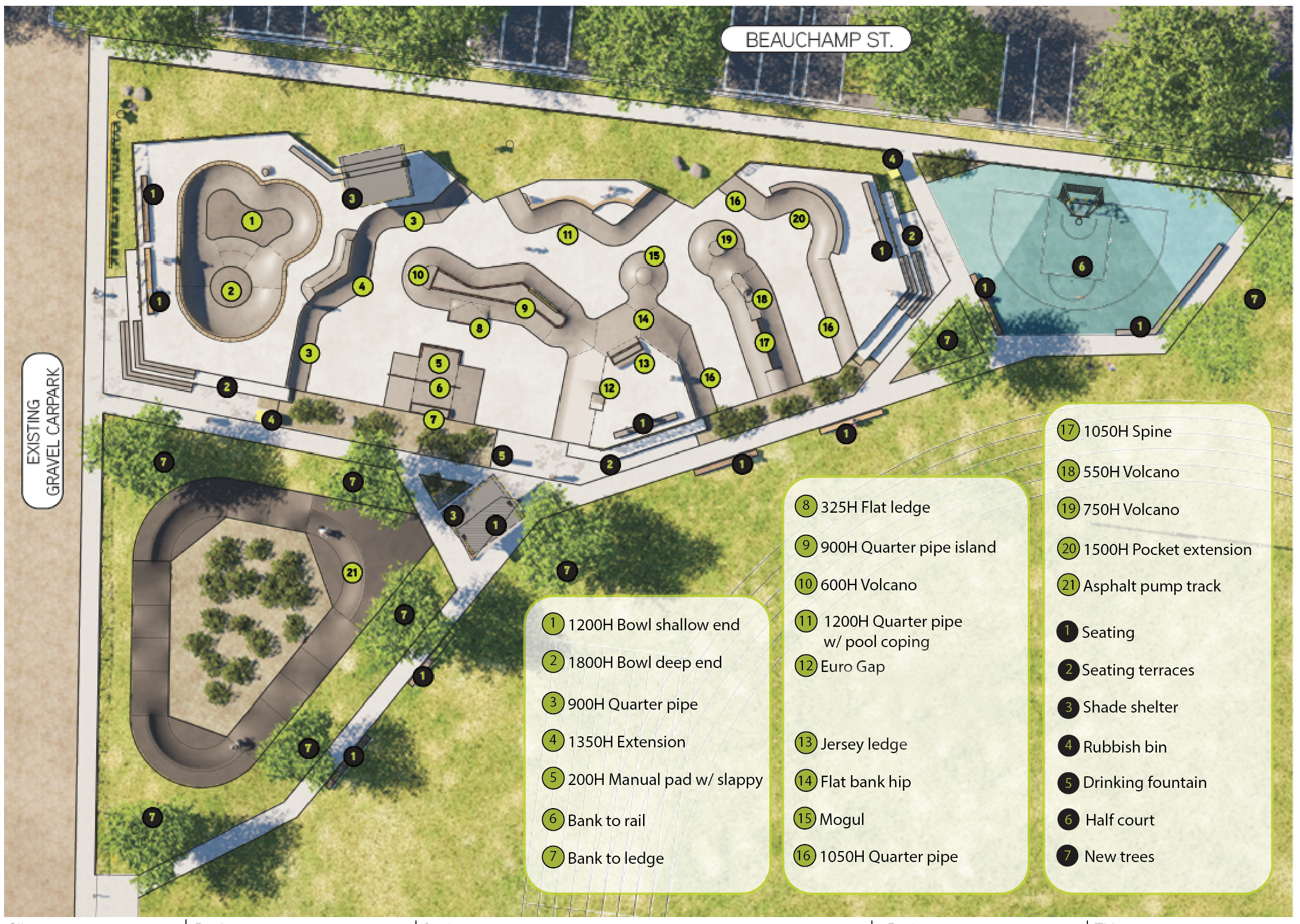 An aerial view of the proposed skatepark with features marked with corresponding numbers and legend on far right